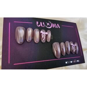 Handmade Cat eye Pink Bow Press on Nails kit with glue